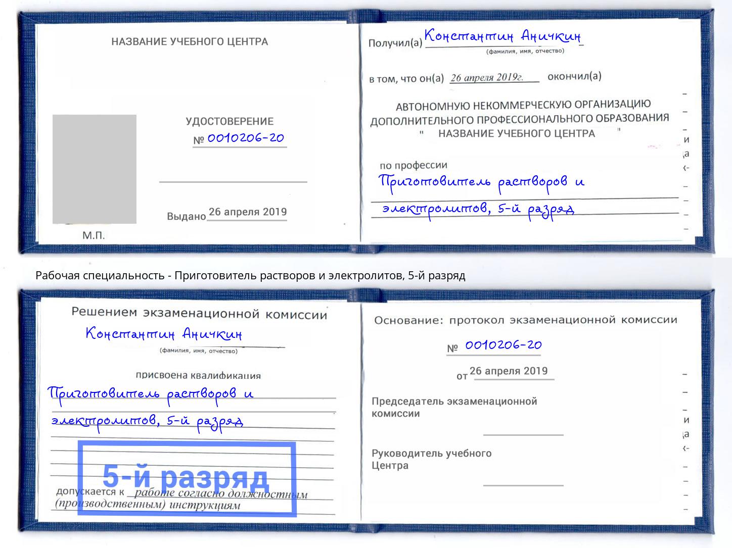 корочка 5-й разряд Приготовитель растворов и электролитов Урай