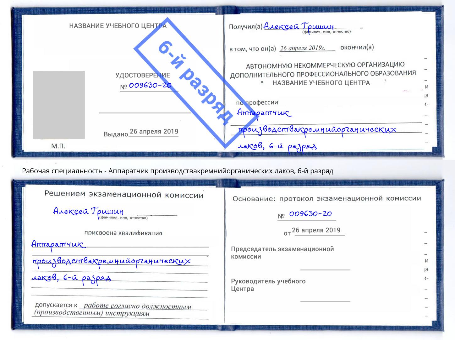 корочка 6-й разряд Аппаратчик производствакремнийорганических лаков Урай